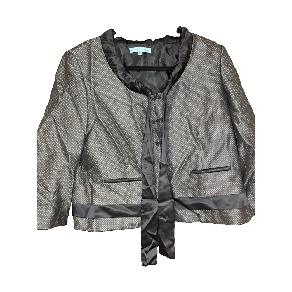 Antonio Melani Size 14 Black Gray Speckled Jacket Ruffle Collar Frog Closures